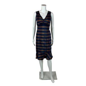 Betsey Johnson Striped Dress Women's XS Green Blue Bow Waist Wiggle Y2K